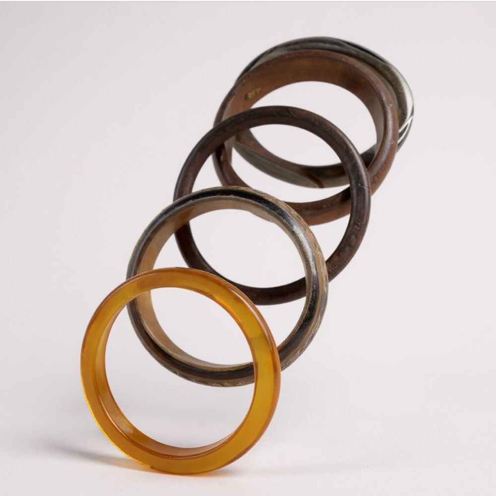 Set of 5 Vintage Style Bangles – Resin Amber, Carved & Wooden Boho Bracelets
